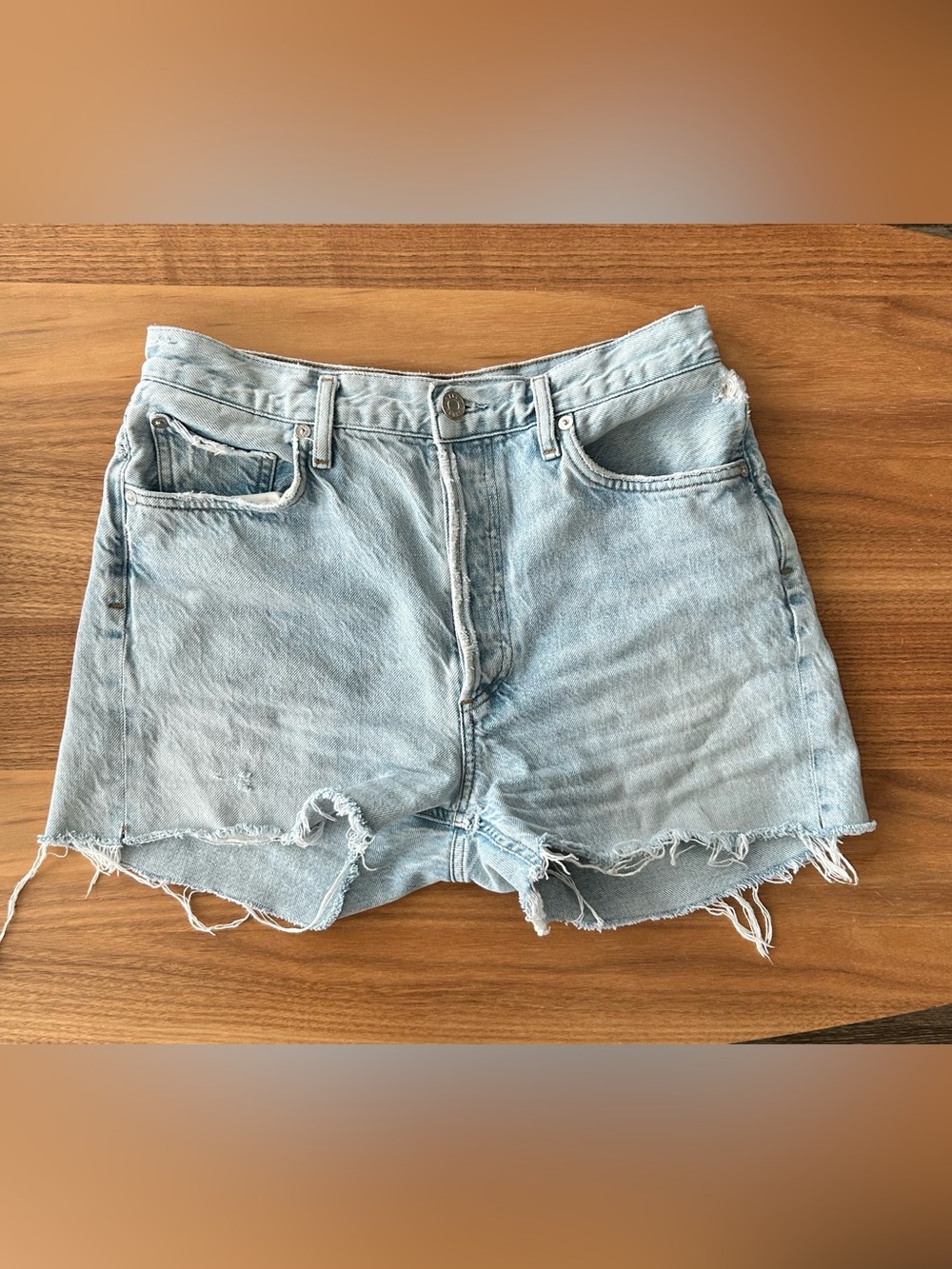 Agolde Light Wash Frayed Hem Jean Shorts